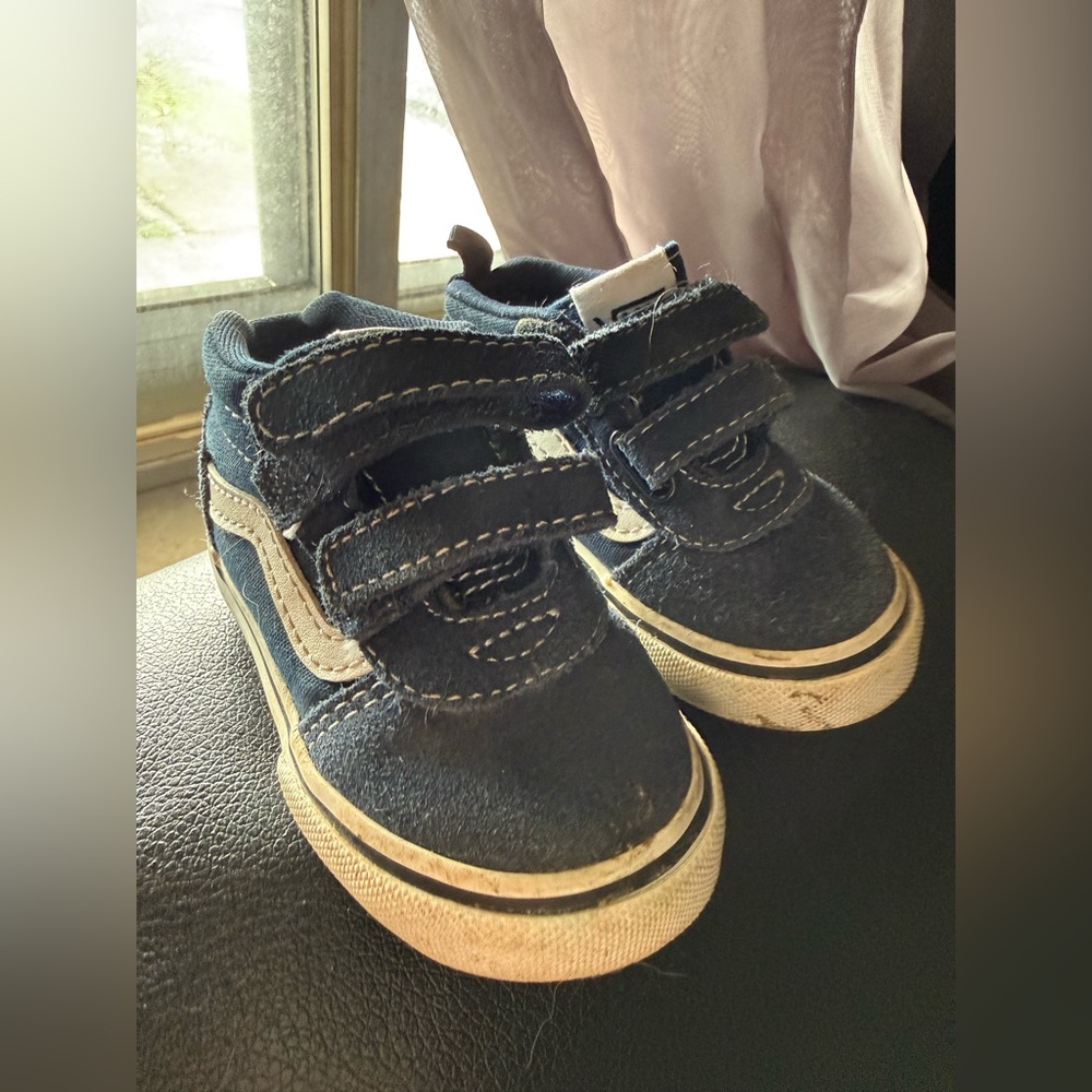 Vans Kids Navy Blue Velcro Sneakers with White Stripe